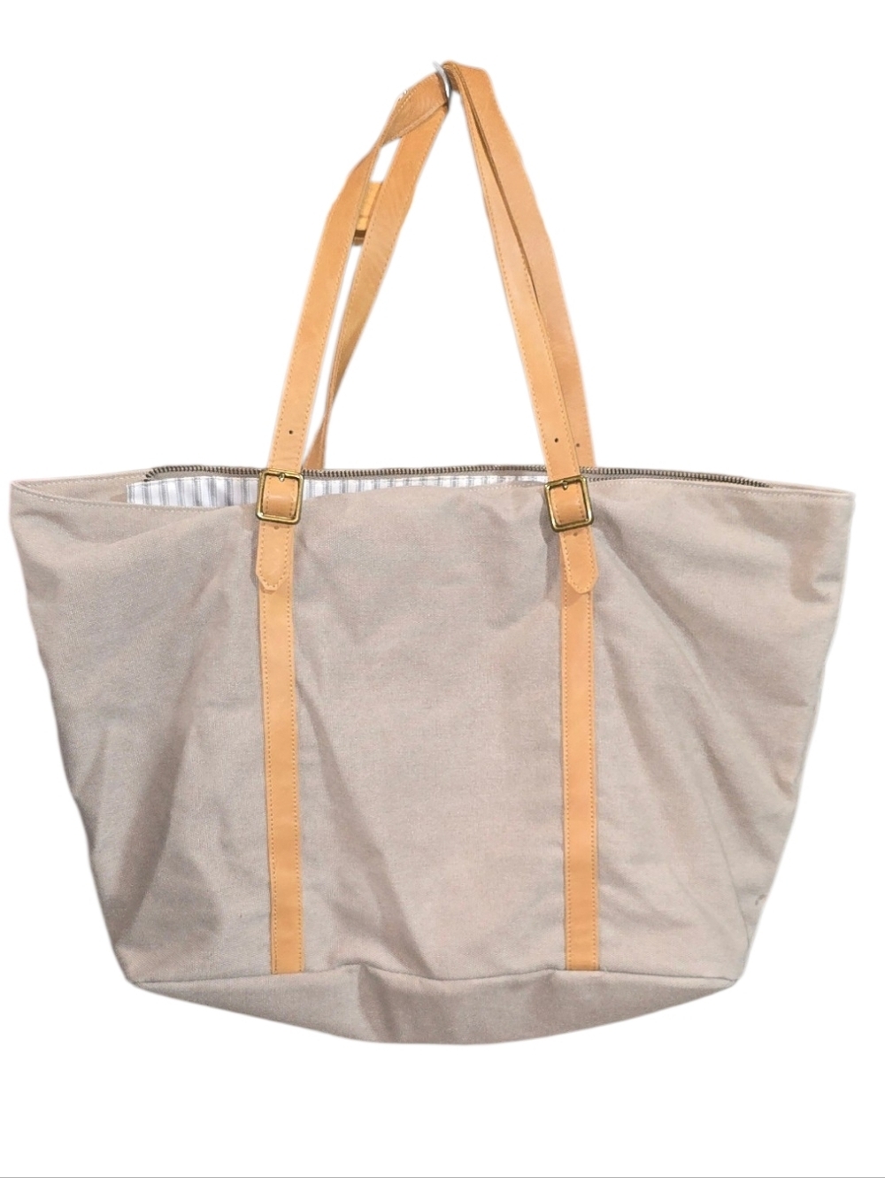 Hearth & Hand Neutral Canvas Tote with Tan Leather Straps
